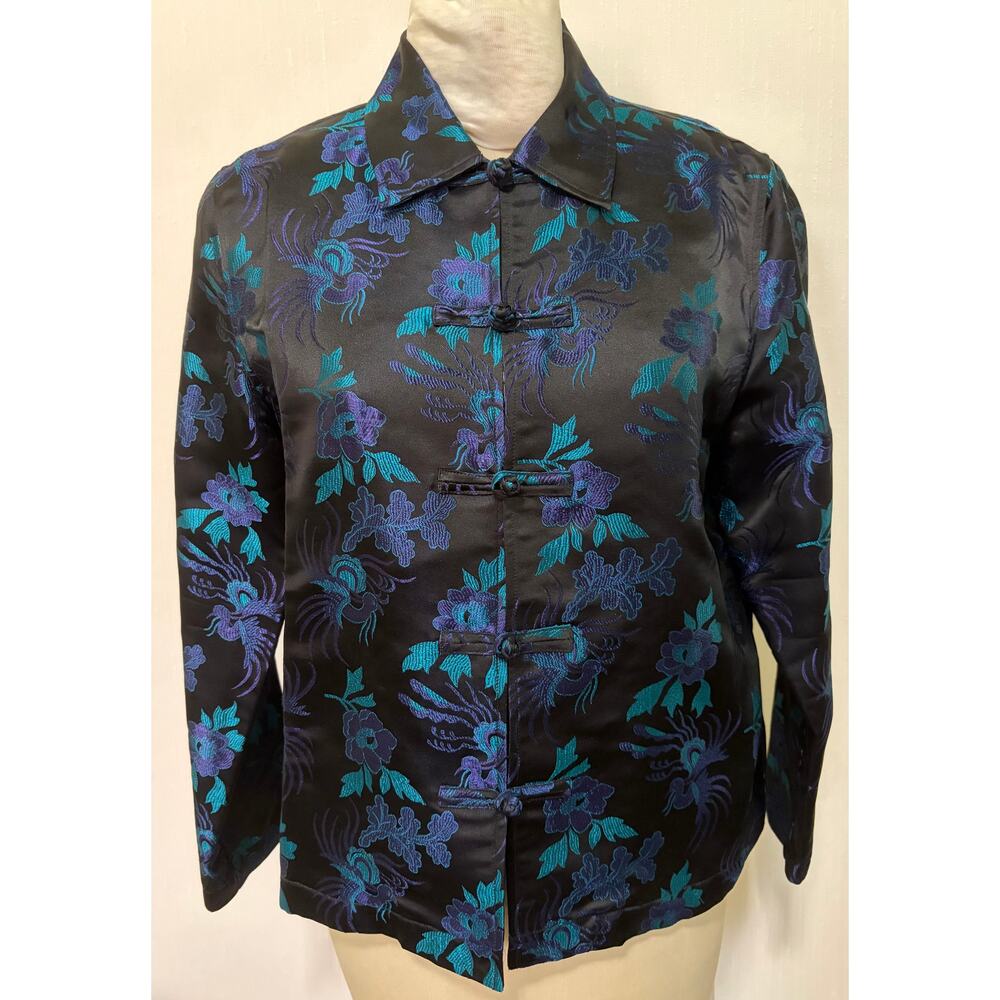 Vintage Chicos Blue Silk Blend Asian Embroidered Mandarin Collar Shacket 1 Med
